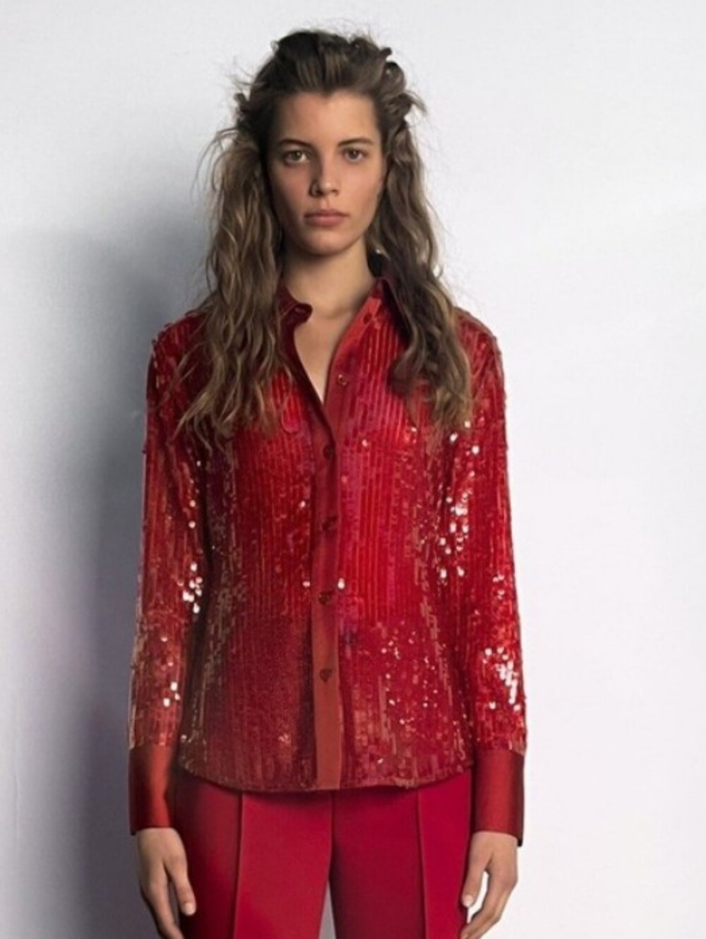 Zara Sequinned Shirt Dark Red Collared Long Sleeves Like New Sz M